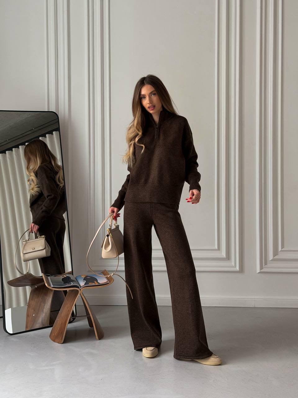 Cashmere Suit with Straight Pants & Zip-Up Sweater