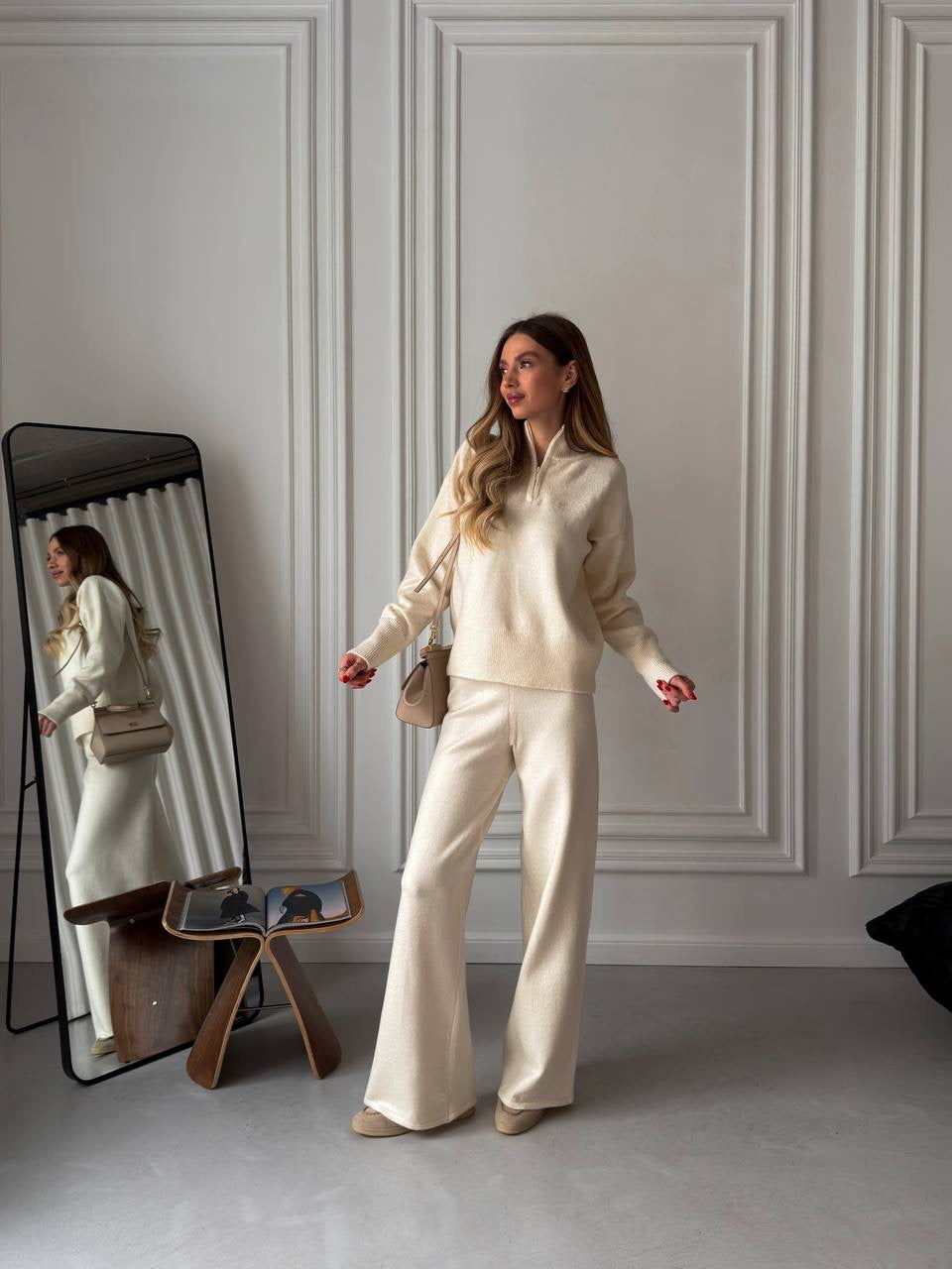 Cashmere Suit with Straight Pants & Zip-Up Sweater