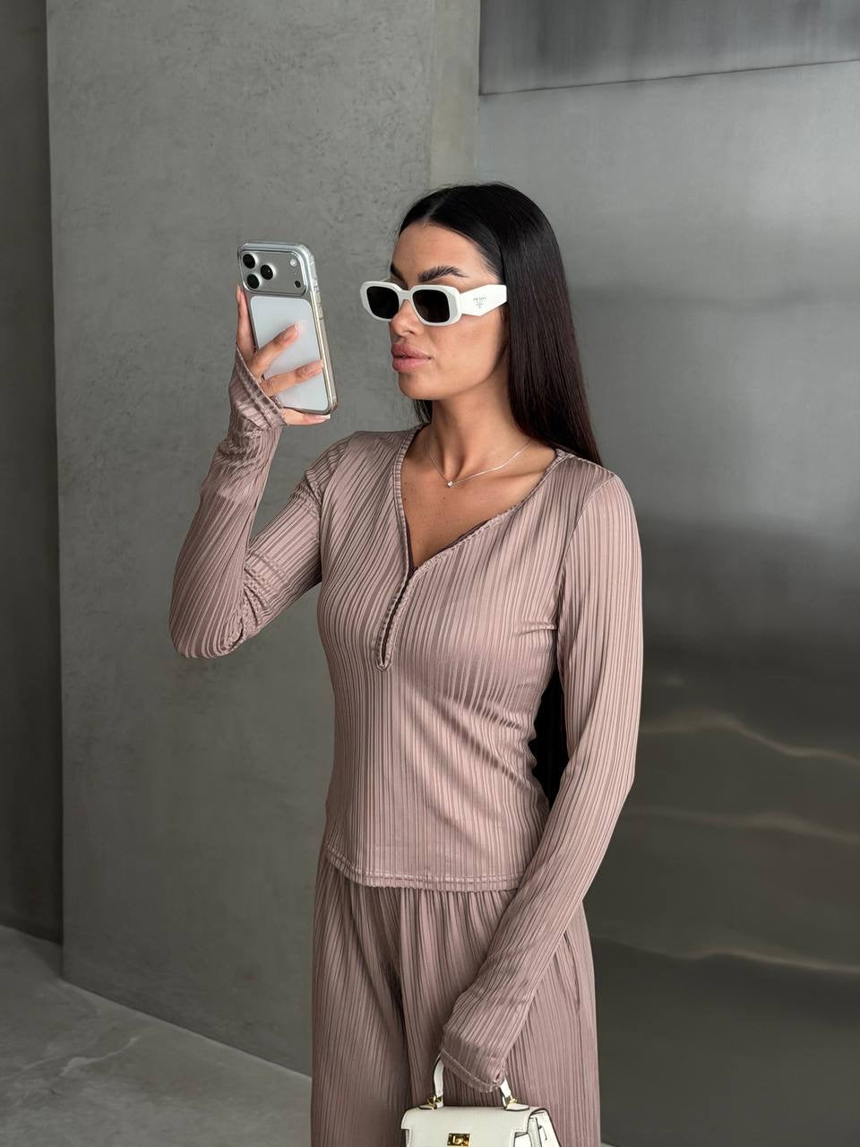 Ribbed Knit Set with Zip-Up Top