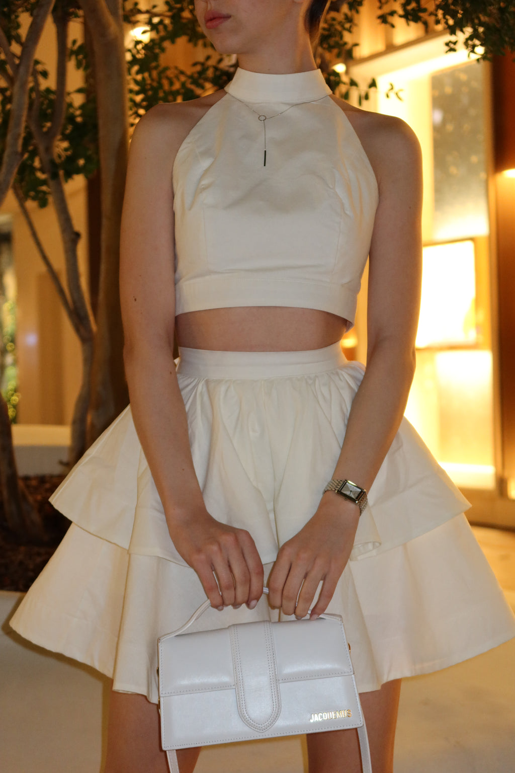 set with a crop top and flared skirt