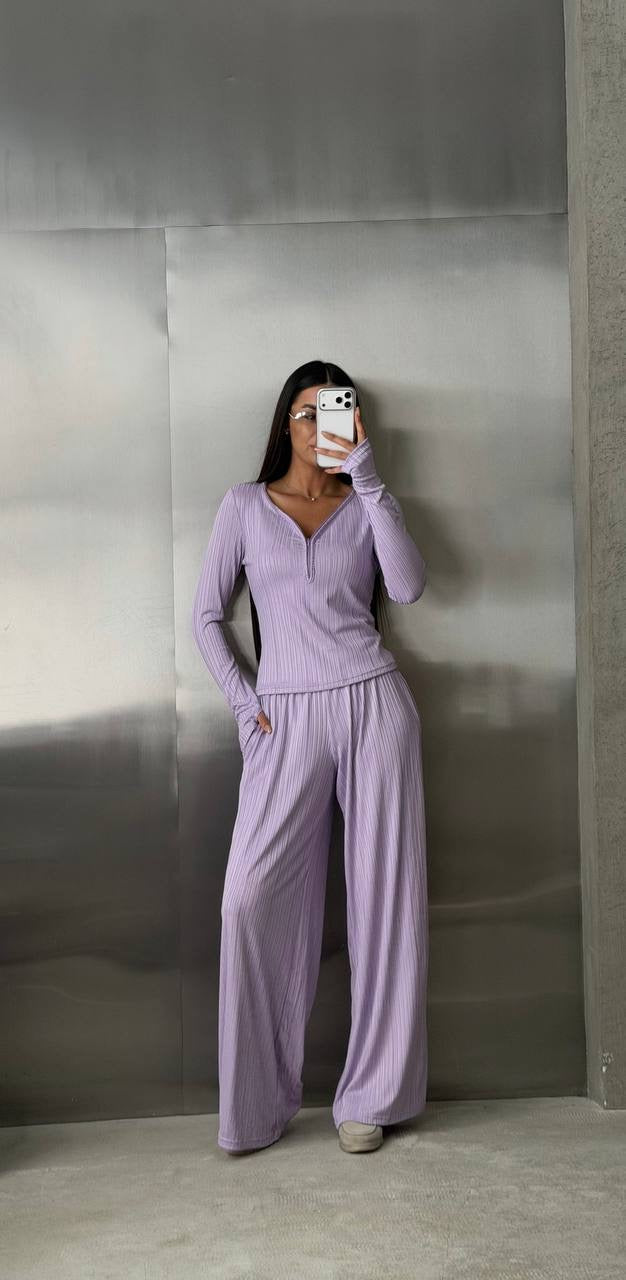 Ribbed Knit Set with Zip-Up Top