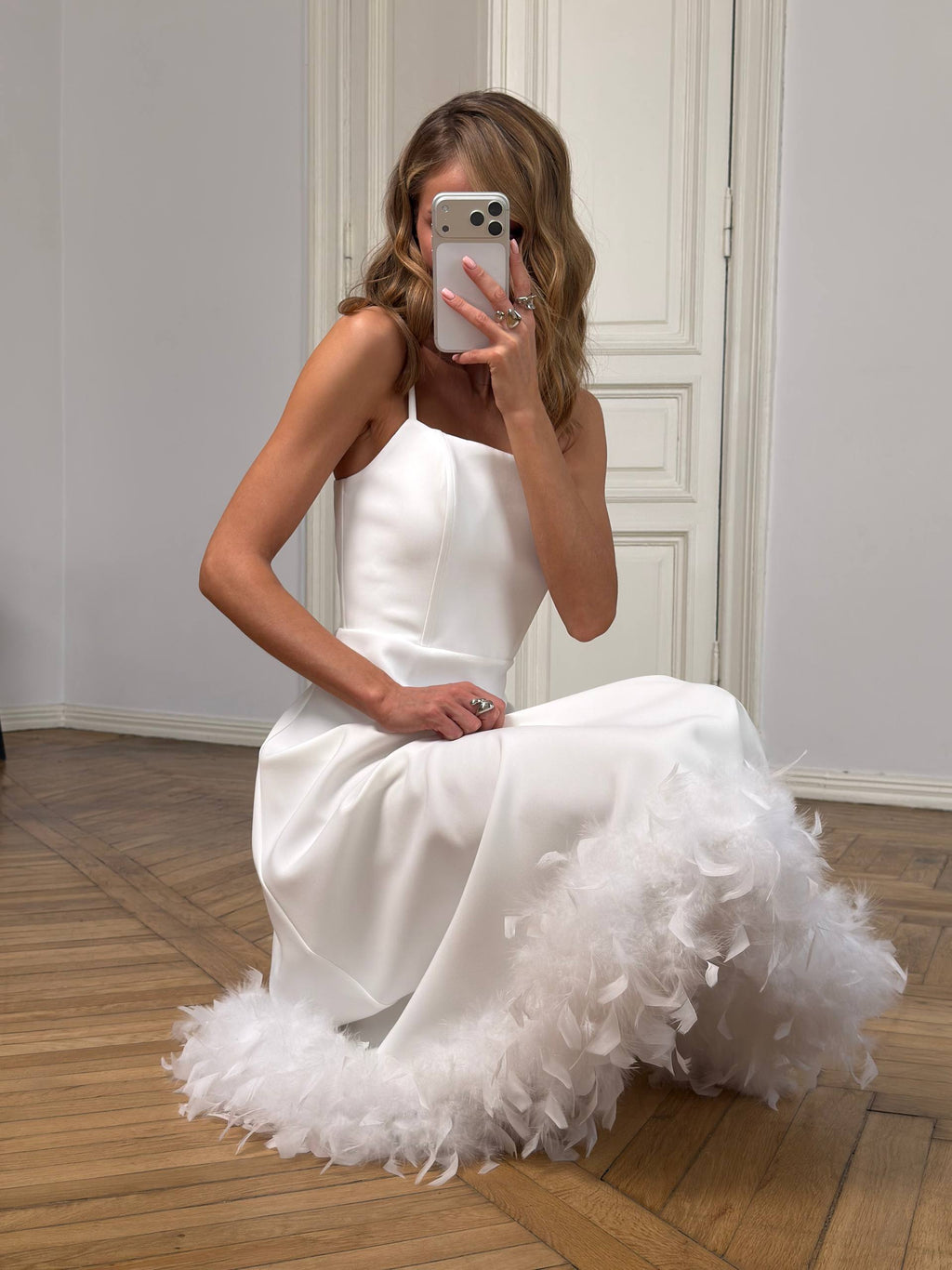 Feather-trimmed midi dress