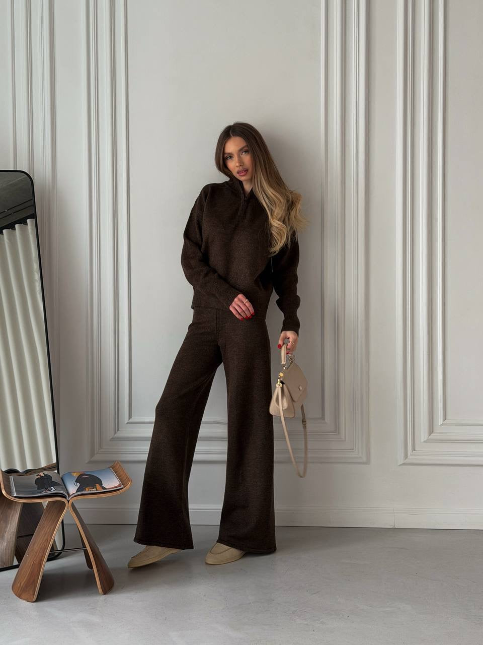 Cashmere Suit with Straight Pants & Zip-Up Sweater