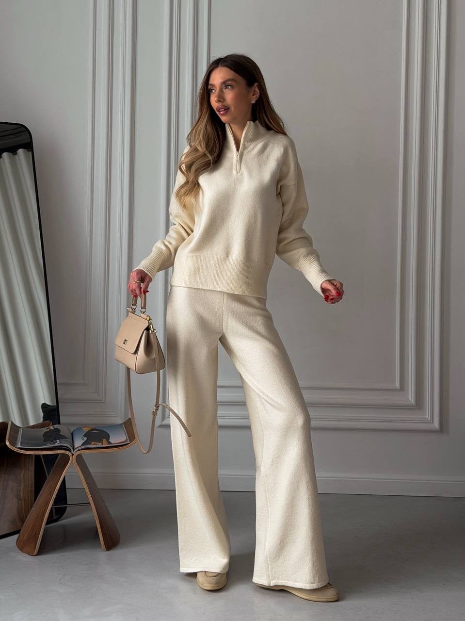 Cashmere Suit with Straight Pants & Zip-Up Sweater