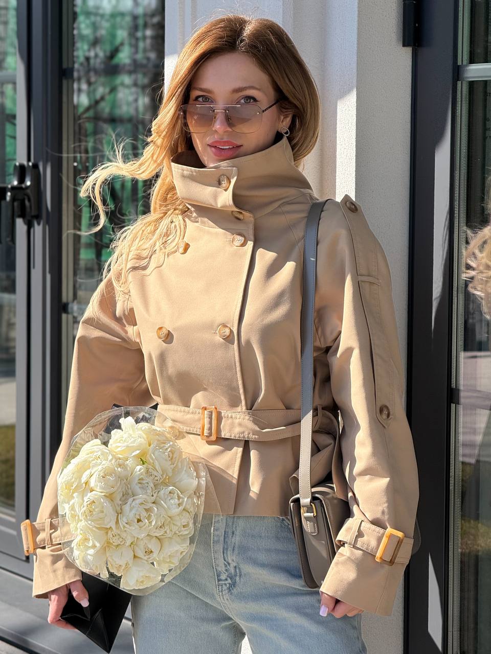 Cropped Trench Jacket with Belt & High Collar