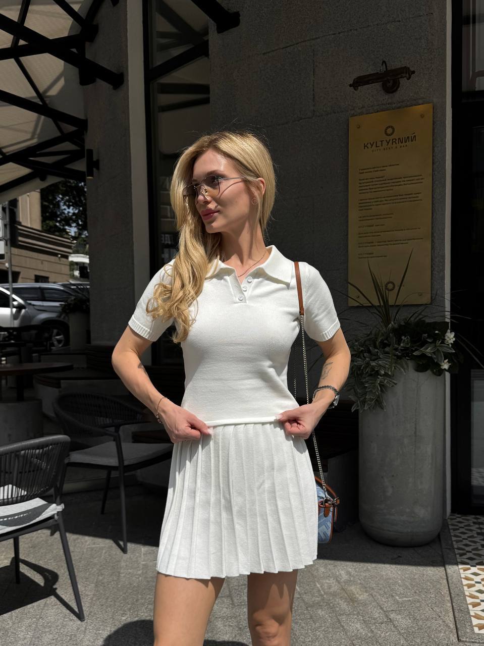 Knitted Polo Set with Pleated Mini Skirt