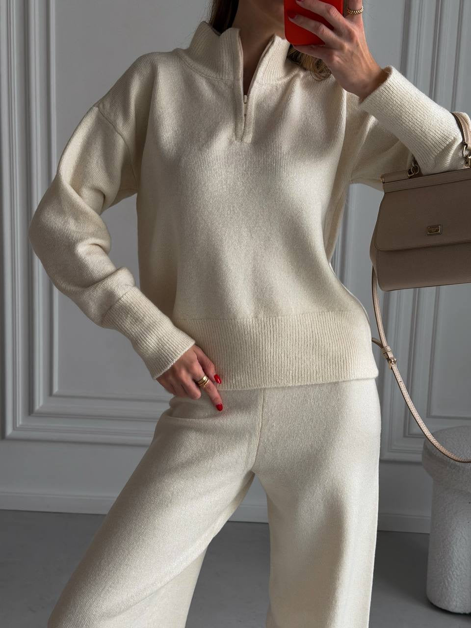 Cashmere Suit with Straight Pants & Zip-Up Sweater