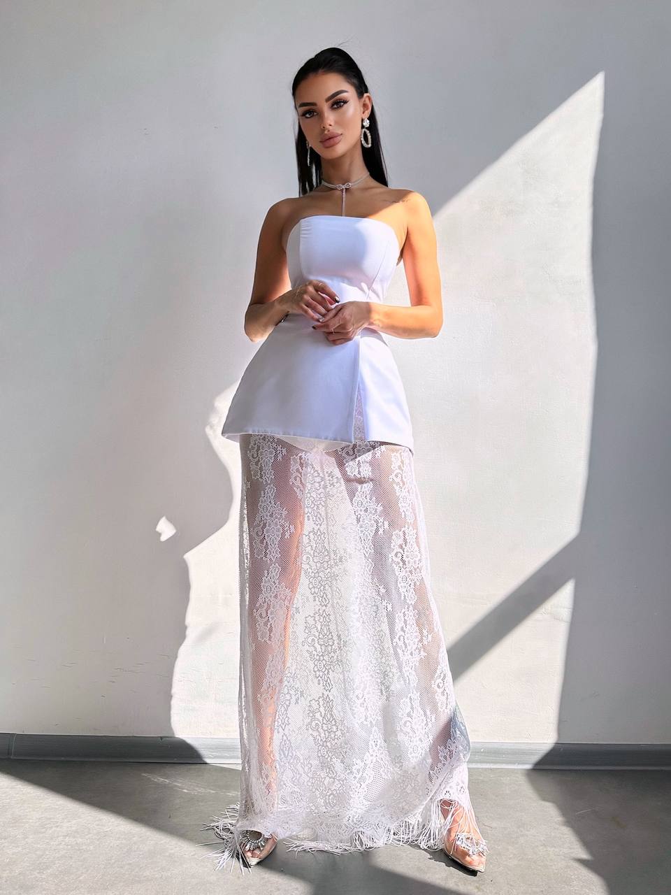 Set: blazer + peplum blouse + lace skirt-shorts