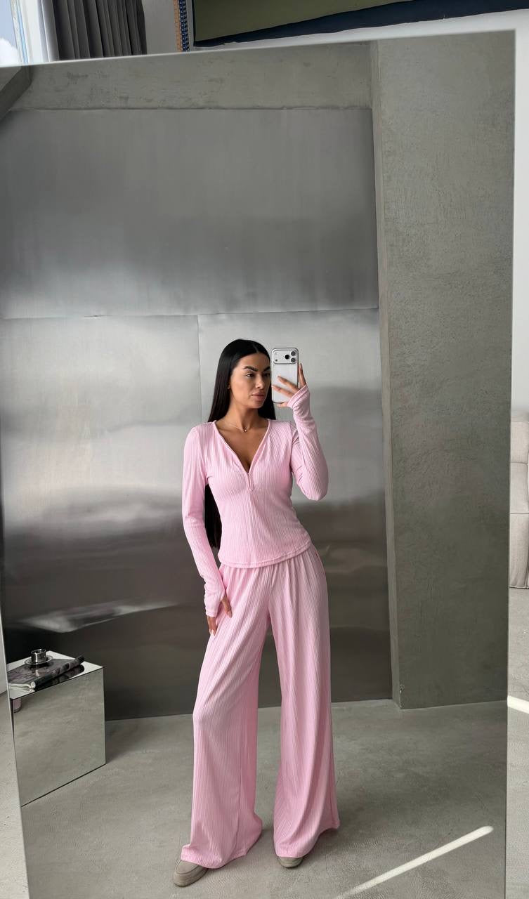 Ribbed Knit Set with Zip-Up Top