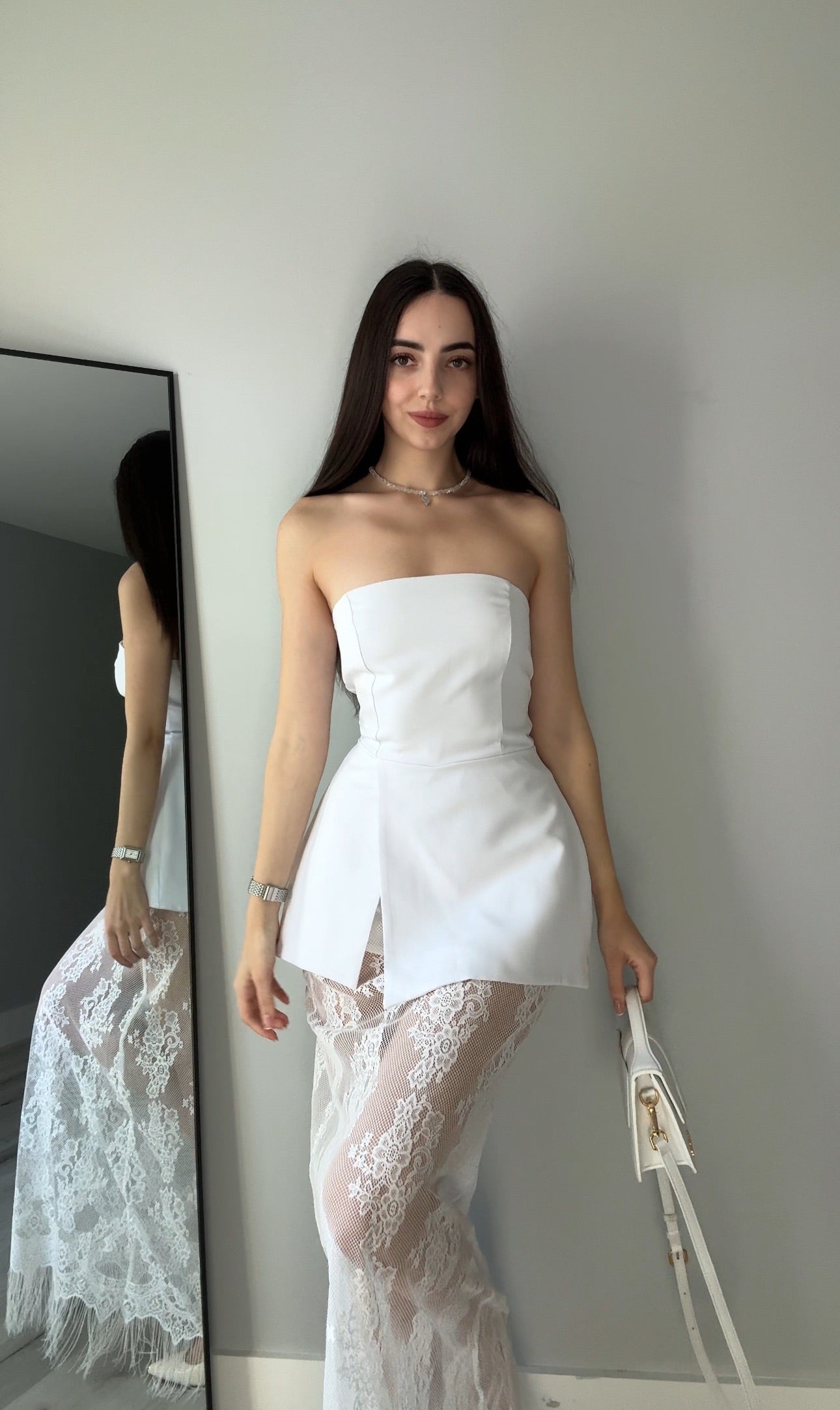 Set: blazer + peplum blouse + lace skirt-shorts