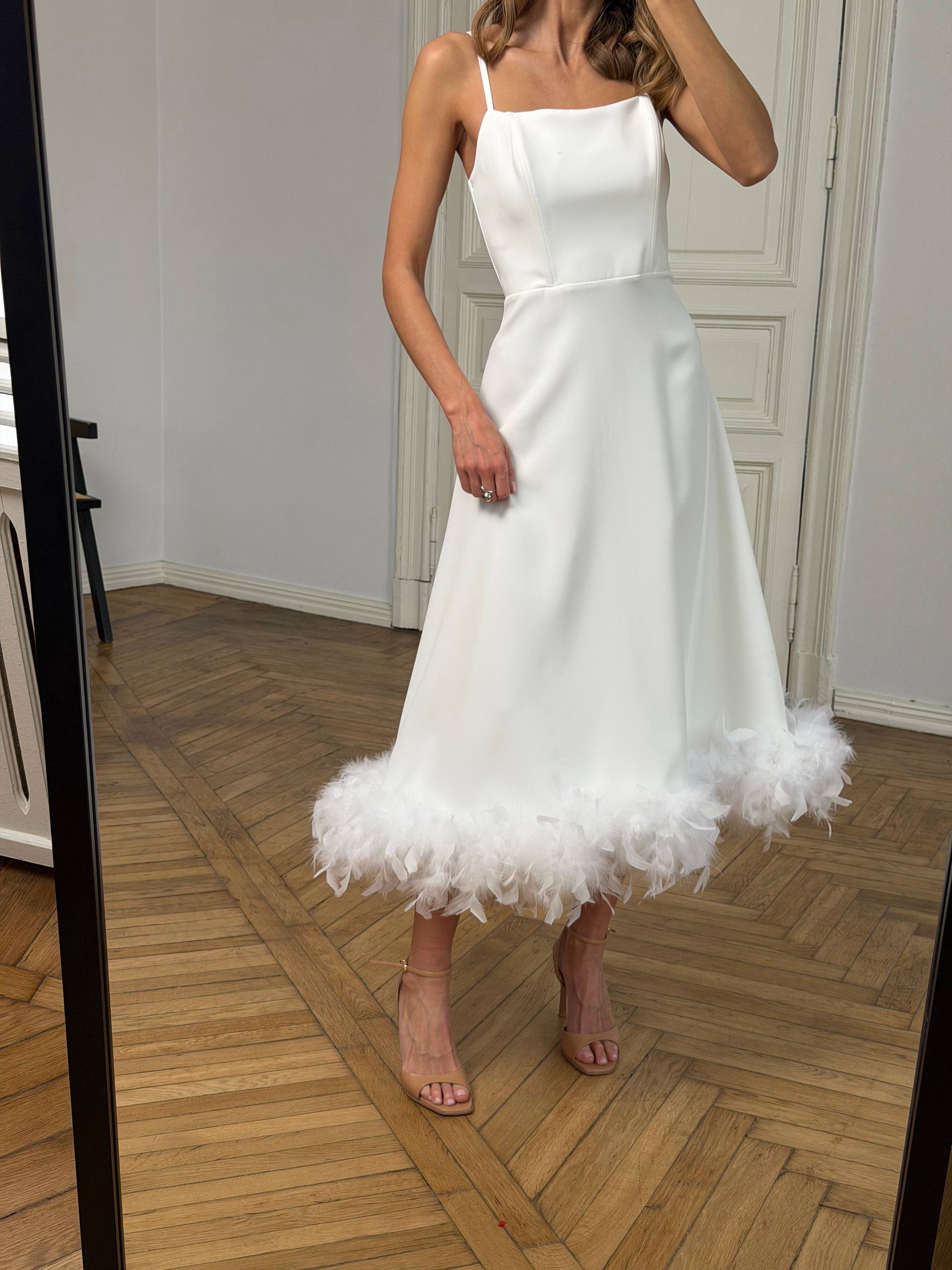Feather-trimmed midi dress