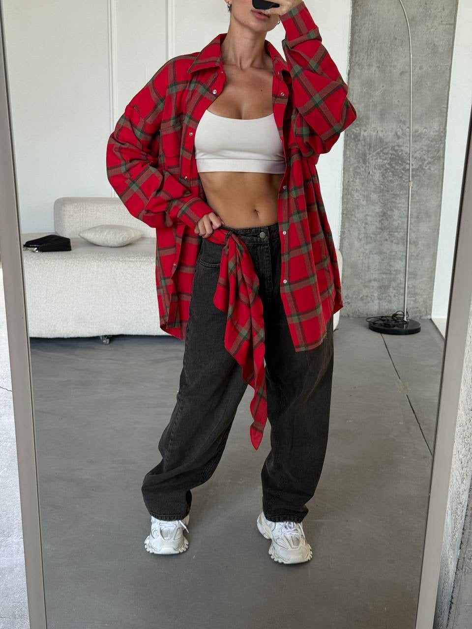 A bright checkered shirt with a matching scarf