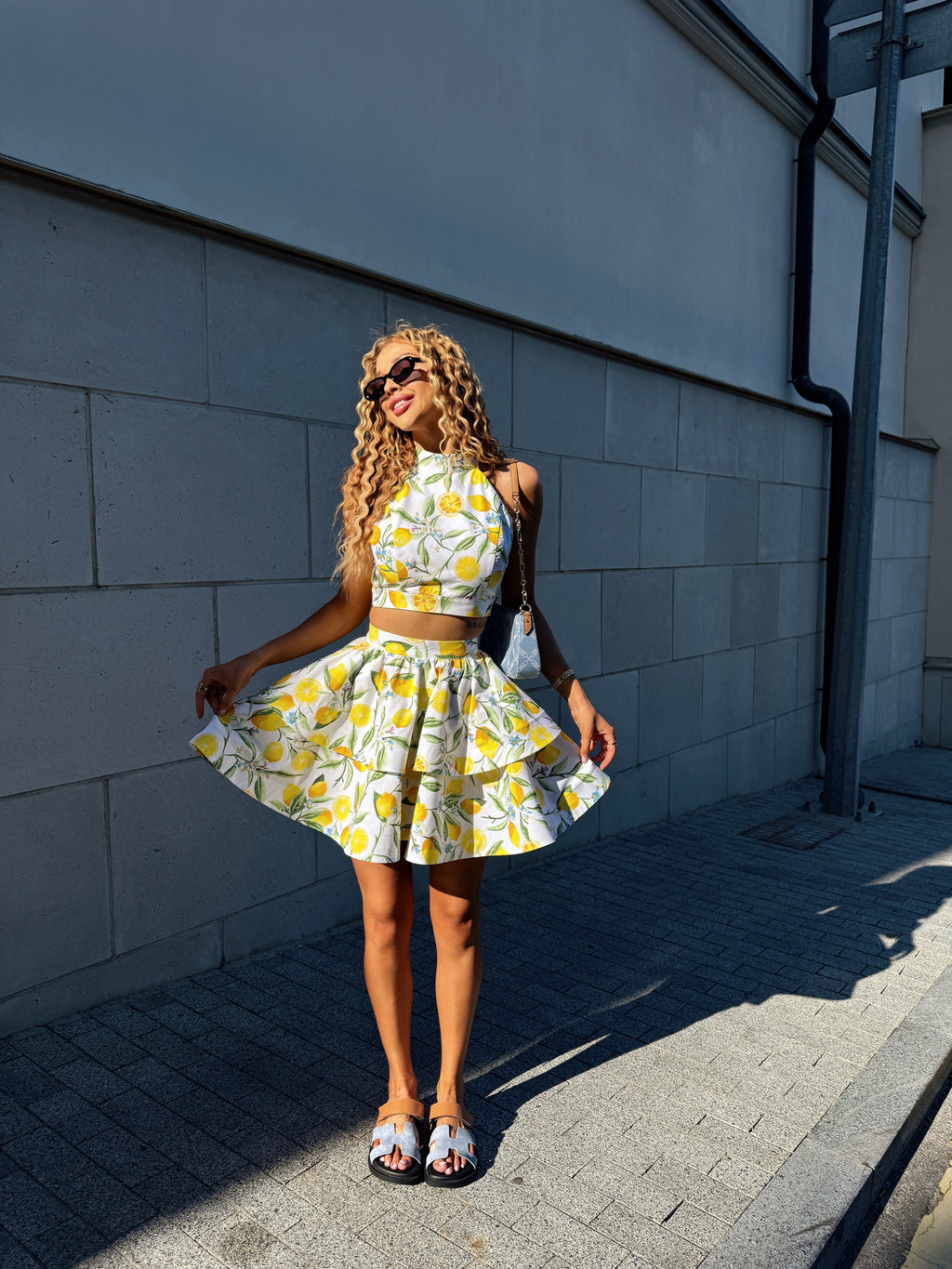 set with a crop top and flared skirt