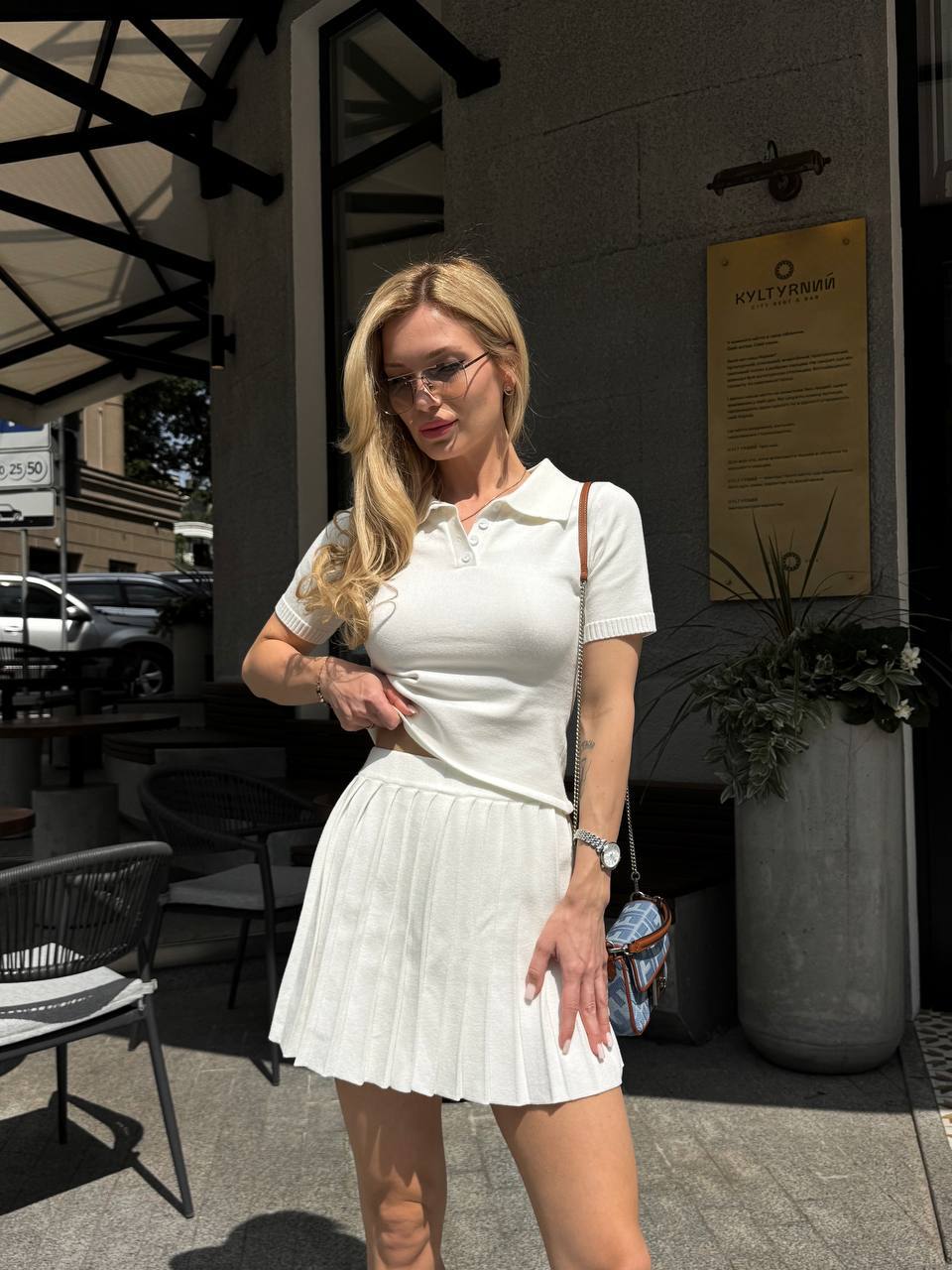 Knitted Polo Set with Pleated Mini Skirt