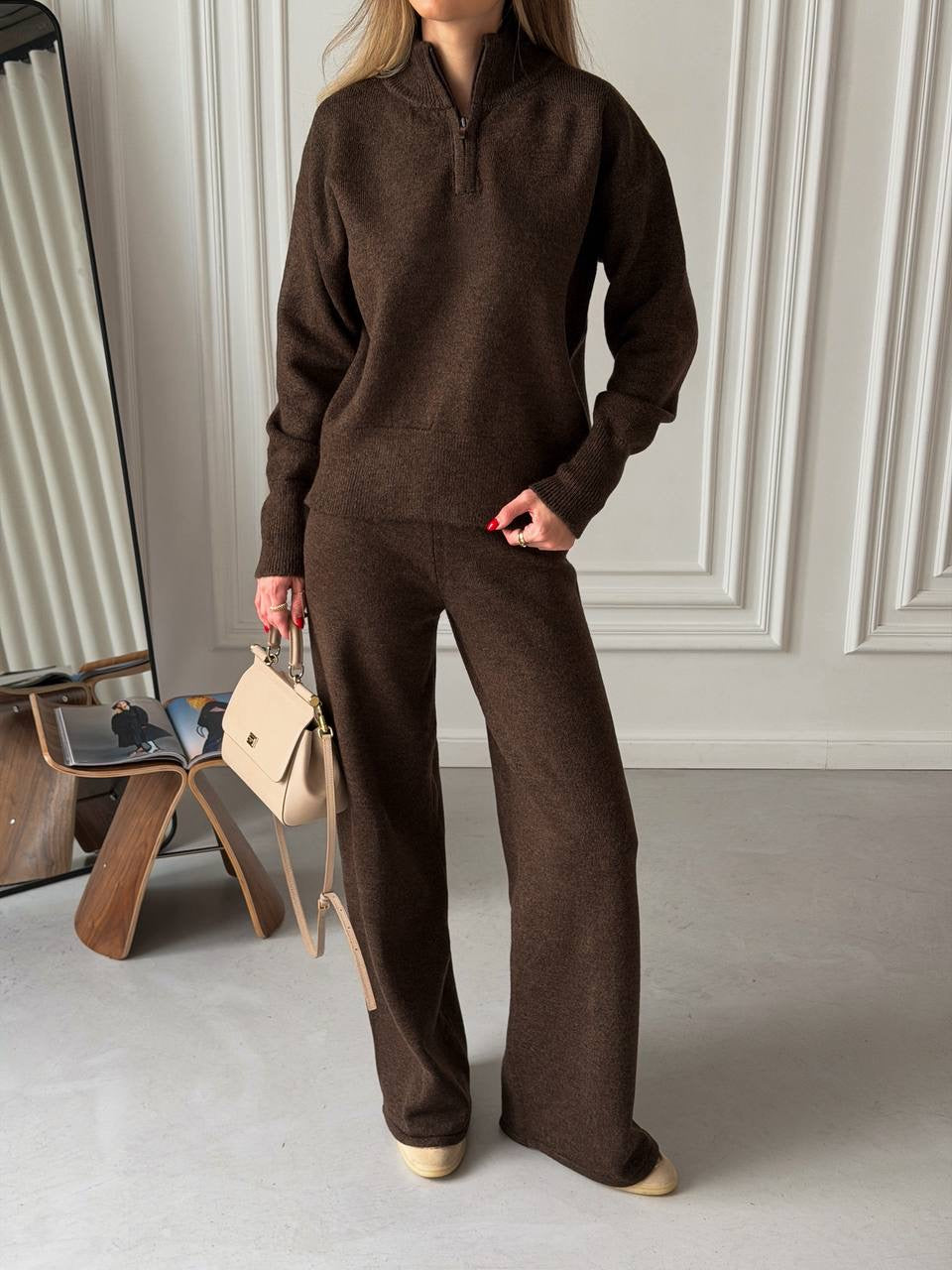 Cashmere Suit with Straight Pants & Zip-Up Sweater