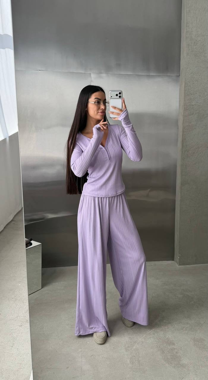 Ribbed Knit Set with Zip-Up Top