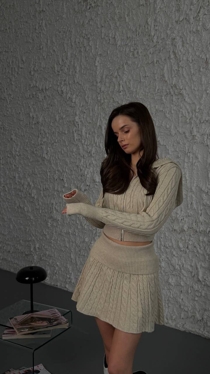 Knitted hoodie+skirt set