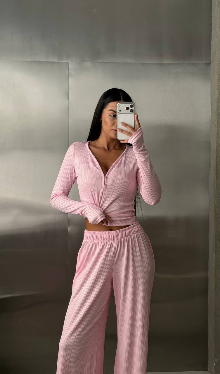 Ribbed Knit Set with Zip-Up Top