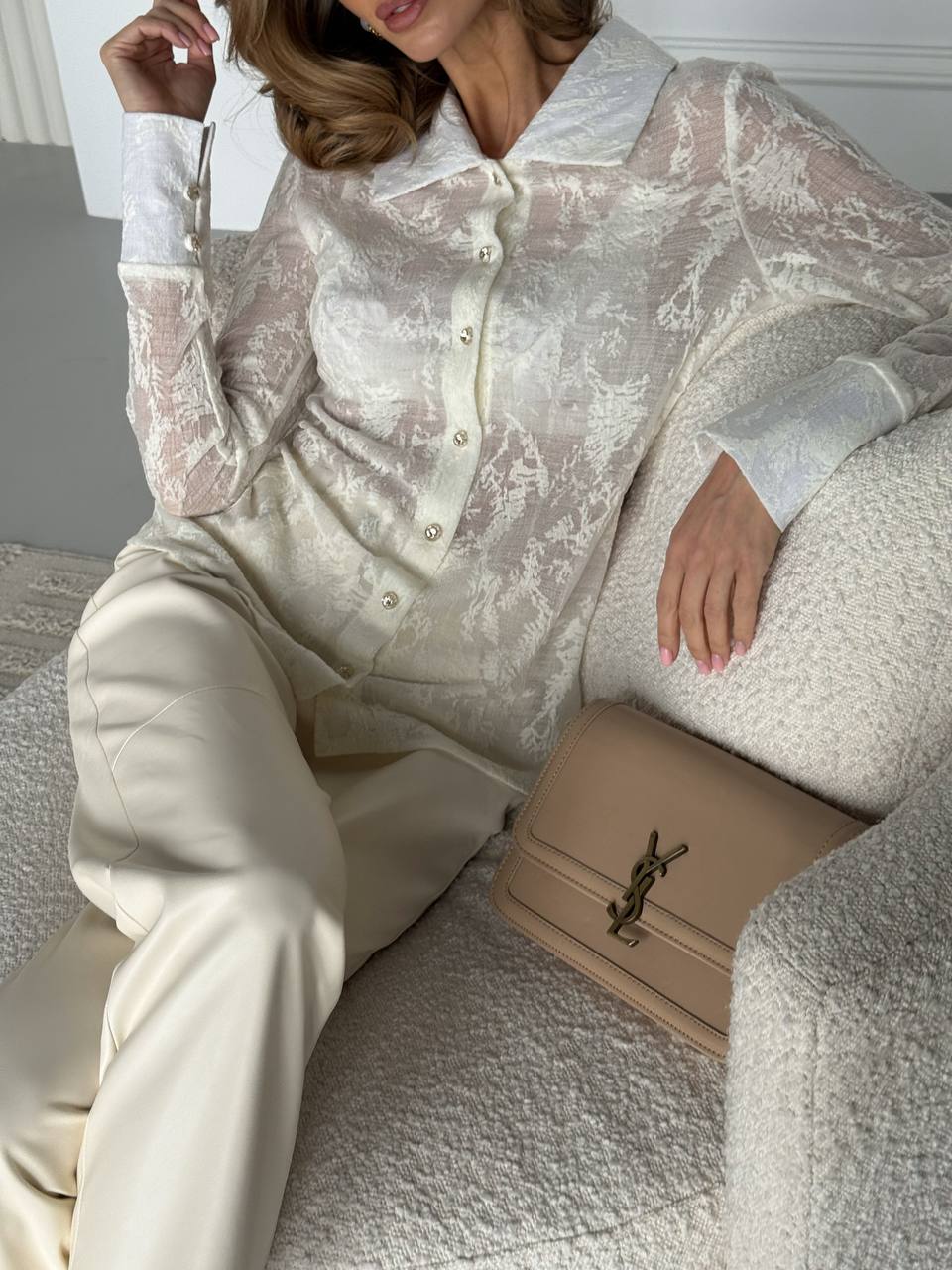 Exquisite semi-sheer blouse with delicate lace pattern “Angela”