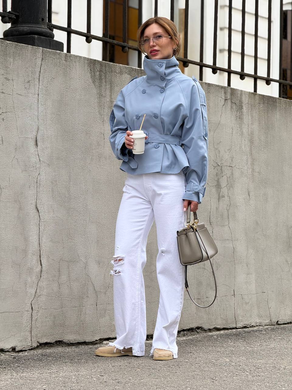 Cropped Trench Jacket with Belt & High Collar