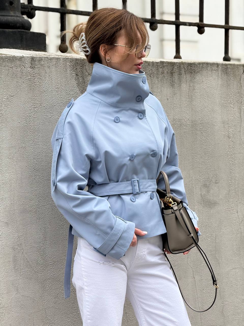 Cropped Trench Jacket with Belt & High Collar