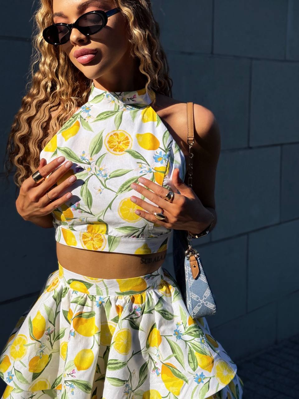 set with a crop top and flared skirt