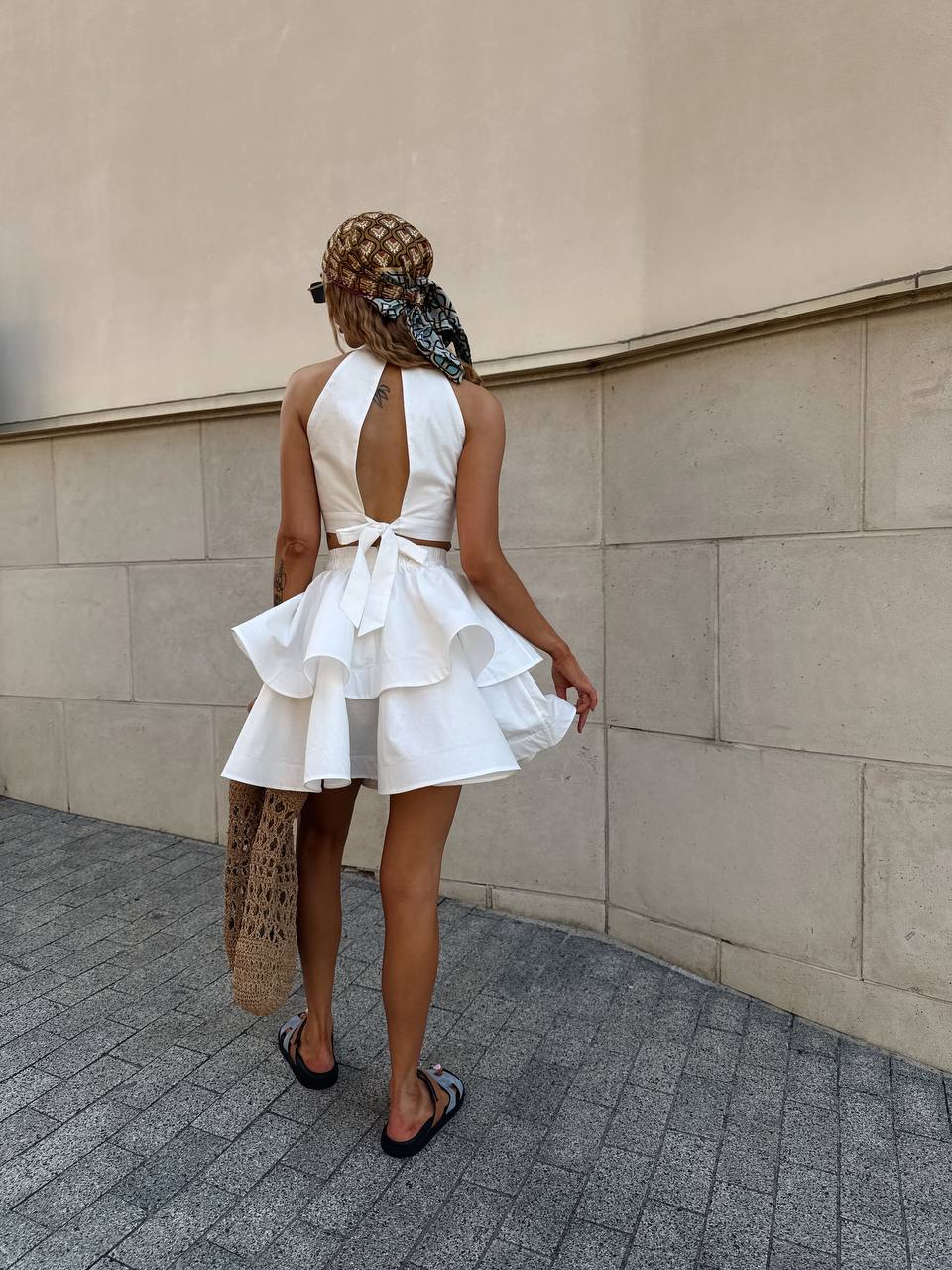 set with a crop top and flared skirt