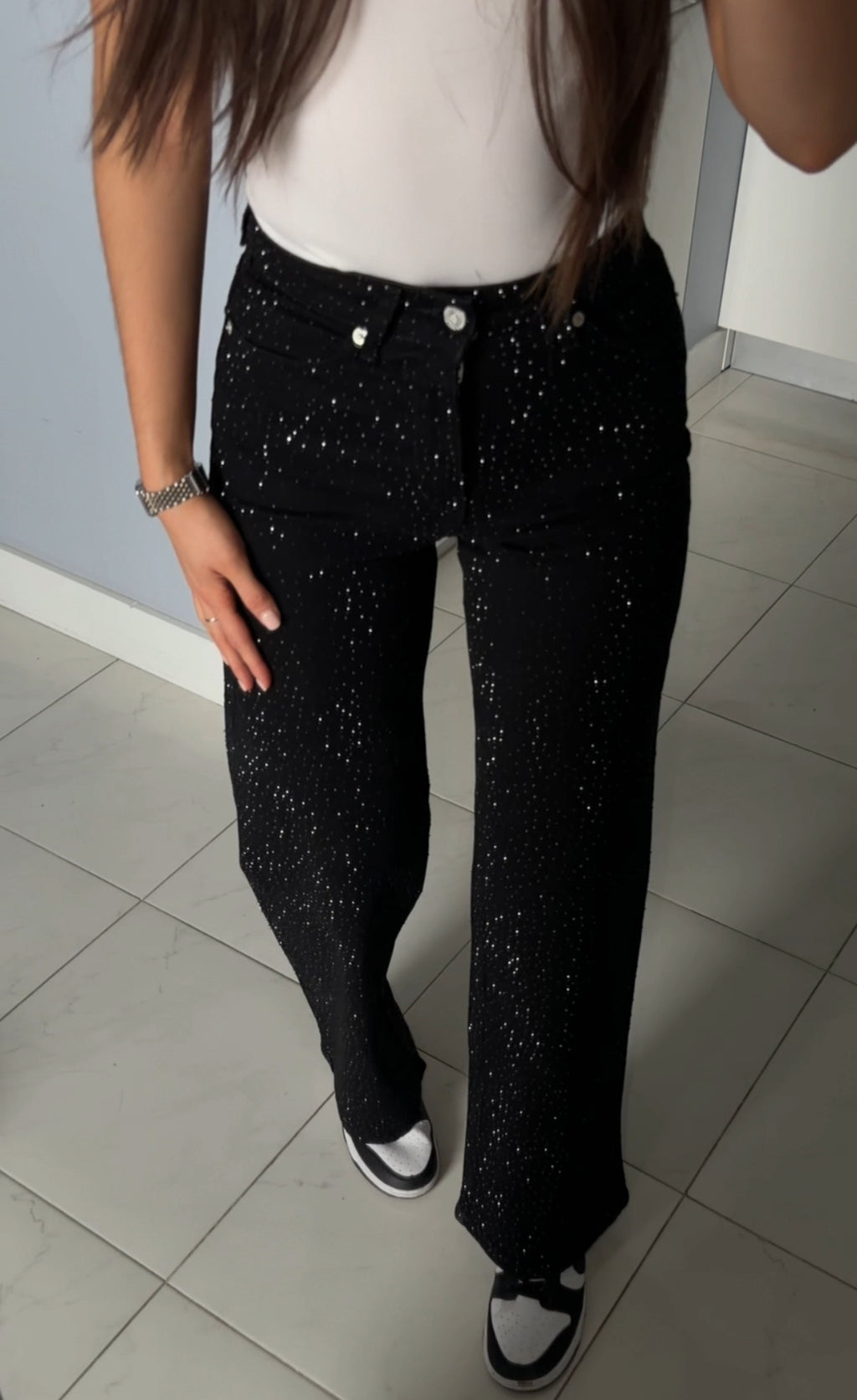 Straight-leg stretch jeans, luxury quality (stones on both sides)
