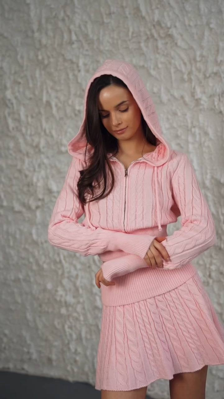 Knitted hoodie+skirt set