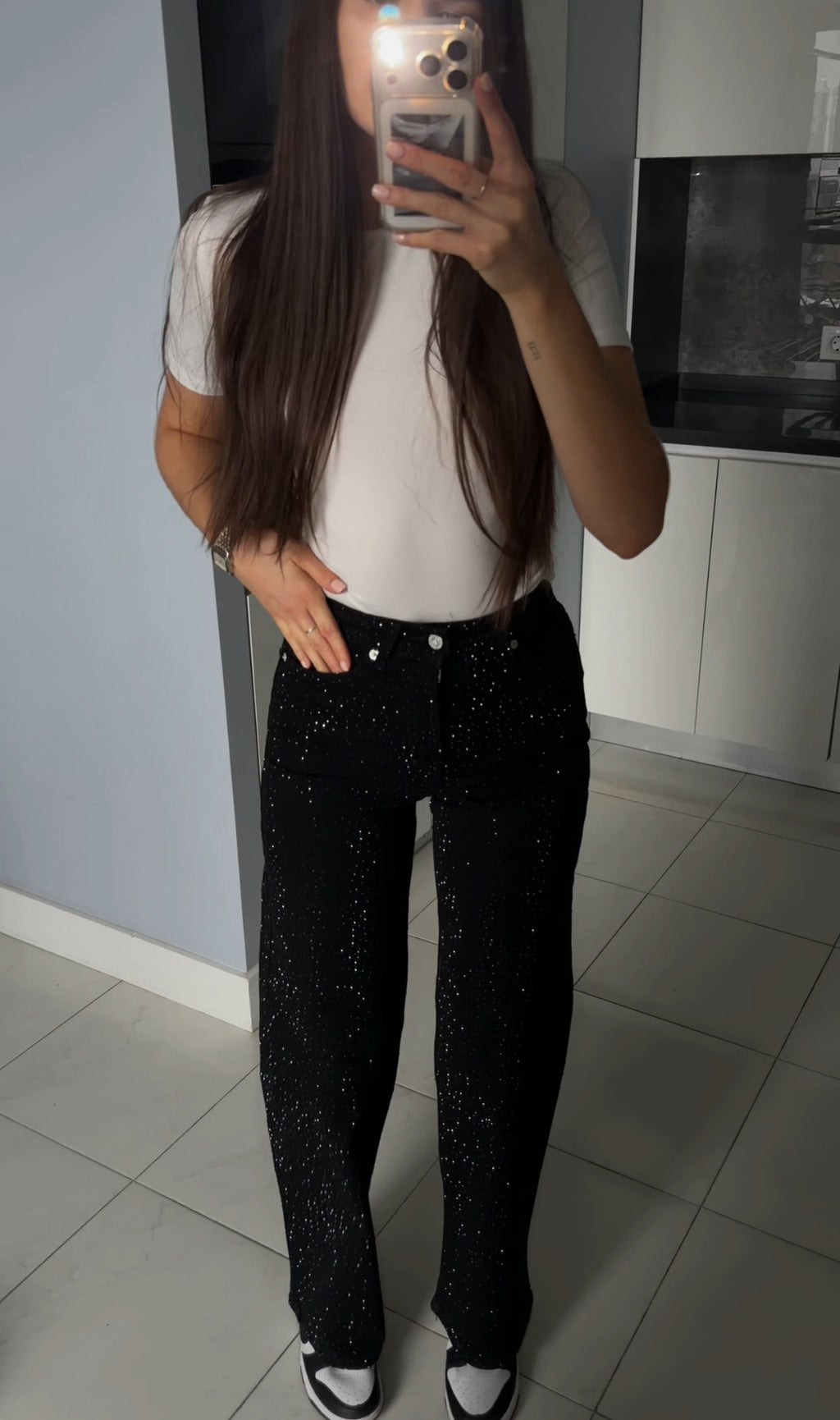 Straight-leg stretch jeans, luxury quality (stones on both sides)