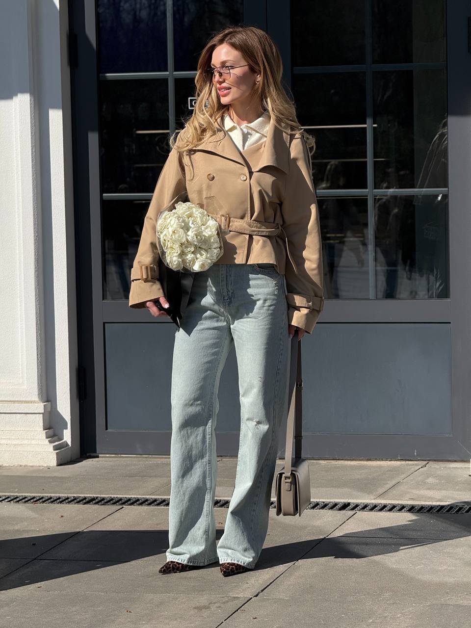 Cropped Trench Jacket with Belt & High Collar