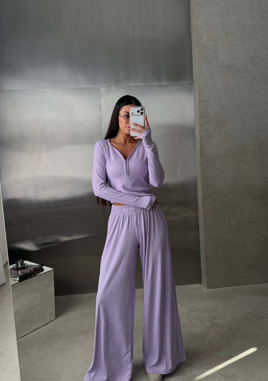 Ribbed Knit Set with Zip-Up Top
