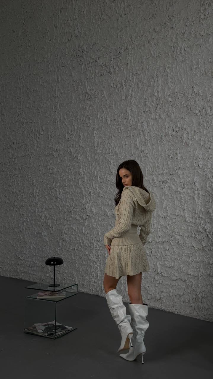 Knitted hoodie+skirt set