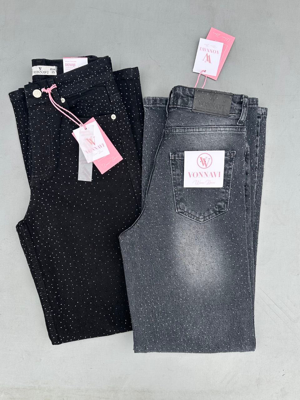 Straight-leg stretch jeans, luxury quality (stones on both sides)