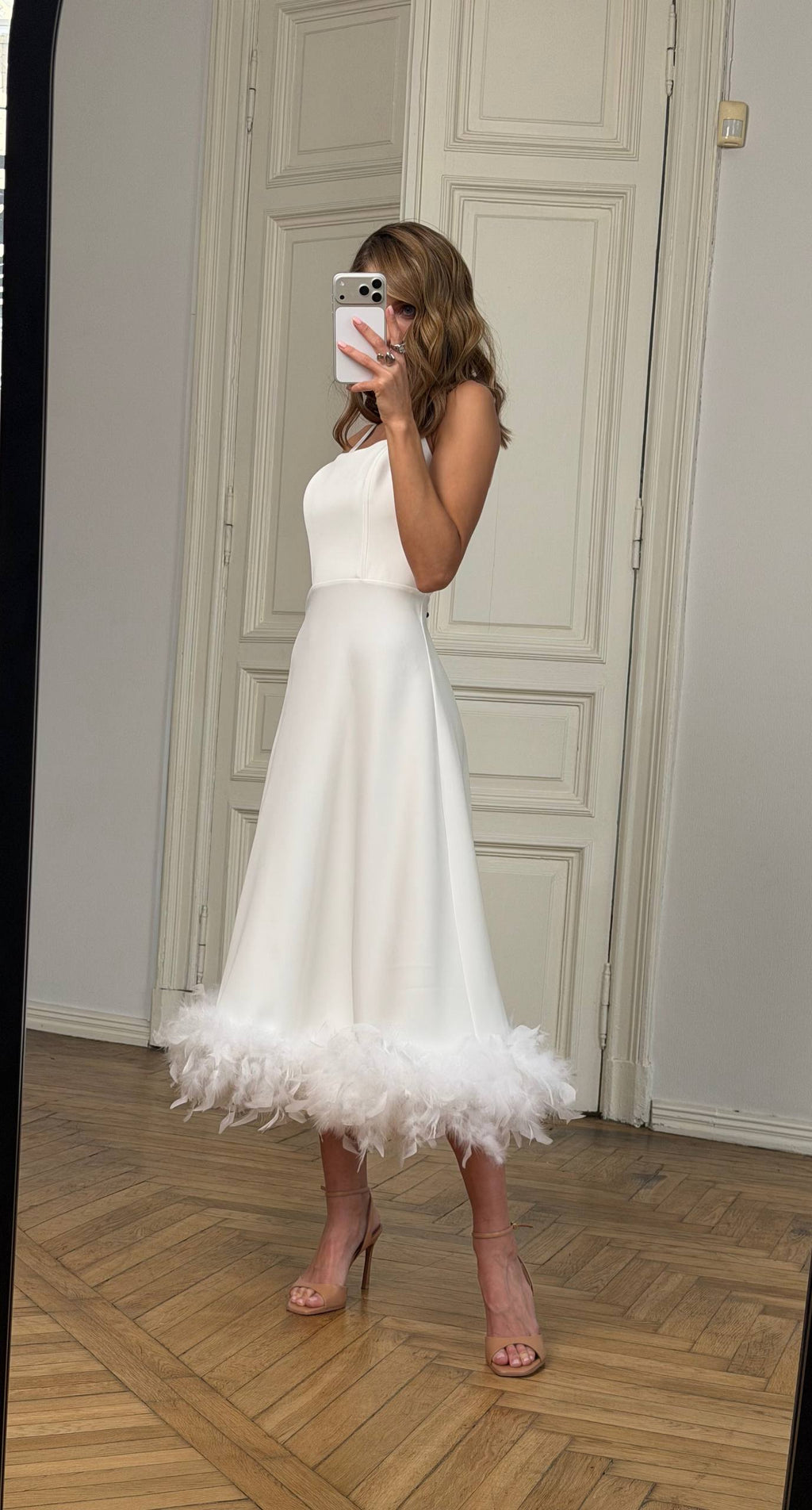 Feather-trimmed midi dress